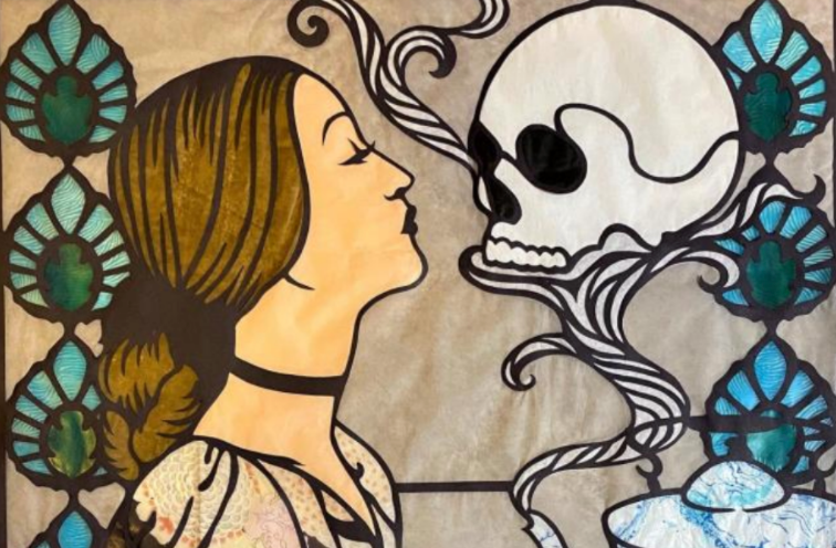 image of woman kissing skull